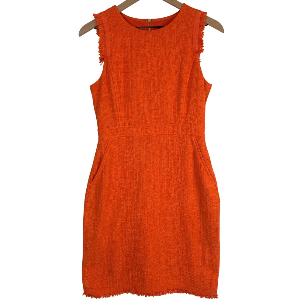 J.CREW Textured Tweed Fringe Trim Sleeveless Shift Dress Sz 6 Orange Lined Zip